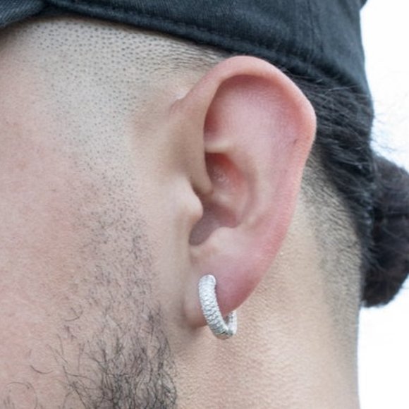 Mens Fully Iced Sterling Silver Honey Comb Huggies - Picture 4 of 4